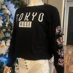 Black Long Sleeve Tokyo Rose Top with Pink Rose Accents